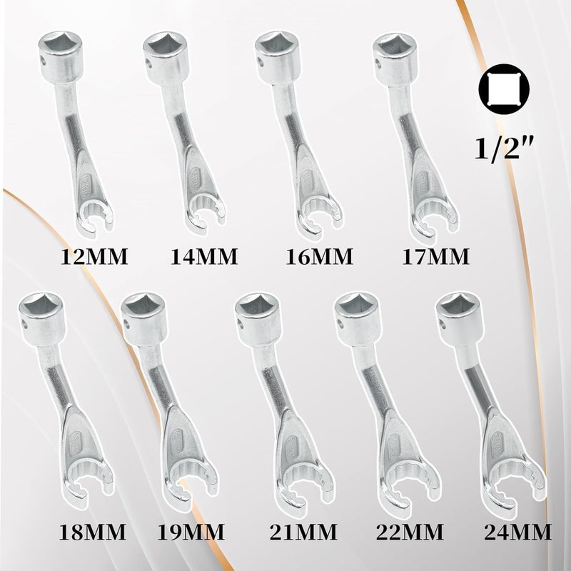 Yuesstloo 9Pcs Common Rail Injection Fuel Line Socket Set, 1/2" Dr 12mm 14mm 16mm 17mm 18mm 19mm 21mm 22mm 24mm 12 Point Injector Fuel Line Socket, Injection Line Flare Nut Wrench Set - Image 3